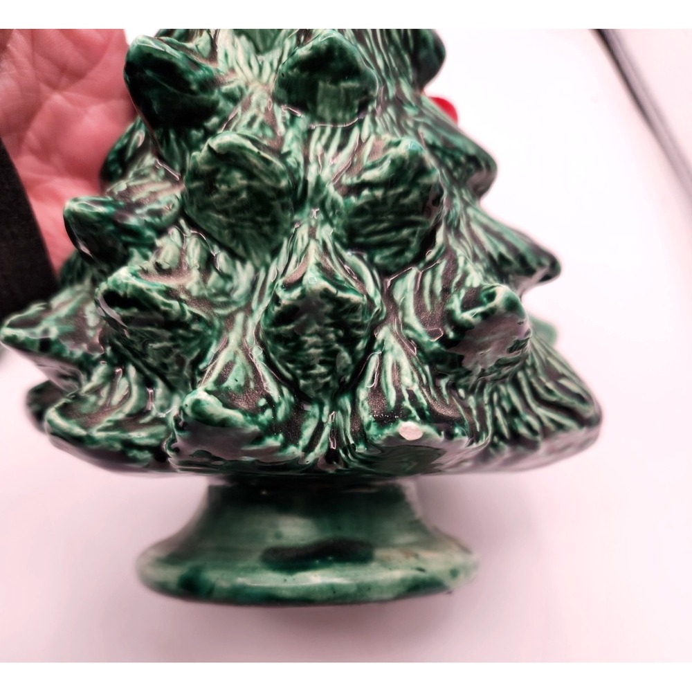 Christmas Tree Napkin Holder & 6 Matching Napkin Rings Green Ceramic Vintage - Picture 4 of 4